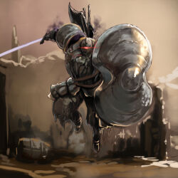  1boy armor armored_boots aura axe barrel boots breastplate brown_background commentary_request dark_aura dark_souls_(series) dark_souls_ii full_body glowing glowing_eyes helm helmet holding holding_shield holding_sword holding_weapon kasutank knight looking_at_viewer male_focus outdoors pauldrons red_eyes shield shoulder_armor solo sword the_pursuer weapon 