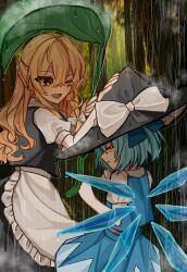  >_< 2girls apron black_skirt black_vest blonde_hair blue_bow blue_hair blue_skirt blue_vest borrowed_clothes bow braid cirno closed_mouth commentary detached_wings hair_bow hat highres ice ice_wings izumi_no_yasushi_aya kirisame_marisa leaf_umbrella multiple_girls one_eye_closed open_mouth puffy_short_sleeves puffy_sleeves rain shirt short_sleeves side_braid single_braid skirt smile solo touhou vest waist_apron white_apron white_bow white_shirt wings witch_hat yellow_eyes 