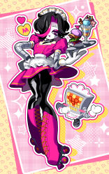  1boy absurdres android apron black_hair boots crossdressing crossdressing_(mtf) dress frills glamburger gloves hair_over_one_eye heart highres male_focus mettaton mettaton_(box) mettaton_ex open_mouth robot robot_boy roller_skates skates starfait_(undertale) super_luvbeam trap undertale utdr_(toby_fox) 
