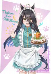  1girl absurdres ahoge alternate_costume animal_ears apron black_hair blue_jacket blue_skirt blue_track_suit blush cake carrot cat cowboy_shot food frilled_apron frills gentiano815 hair_between_eyes highres holding holding_plate horse_ears horse_girl horse_tail jacket jersey_maid long_bangs long_hair long_hair_between_eyes long_sleeves looking_at_viewer maid maid_apron maid_headdress manhattan_cafe_(umamusume) multicolored_hair open_mouth plate skirt smile solo tail track_jacket track_suit umamusume unconventional_maid waist_apron white_apron white_hair yellow_eyes 