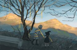  1girl 1other bare_tree black_dress braid child dress evening ghost_costume grass hat highres low_twin_braids mountain noose original outdoors rope short_sleeves standing tensen_(dotted_line) tree twin_braids witch witch_hat wrapped_up 