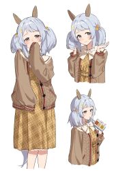  1girl absurdres animal_ears blush bow breasts brown_cardigan brown_eyes cardigan cidersour closed_mouth cup disposable_cup dress drinking drinking_straw ear_covers grey_hair hair_bow hair_ornament hairclip highres hishi_miracle_(happy_little_notes)_(umamusume) hishi_miracle_(umamusume) holding horse_ears horse_girl horse_tail long_sleeves looking_at_viewer low_twintails mcdonald&#039;s medium_hair open_cardigan open_clothes plaid_clothes plaid_dress simple_background smile tail twintails umamusume white_background 