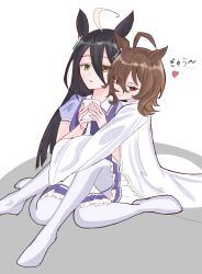  2girls agnes_tachyon_(umamusume) ahoge akamura_h bow bowtie chemical_structure coat cup ear_ornament earrings frilled_skirt frills hair_between_eyes hands_up highres holding holding_cup hug jewelry lab_coat long_bangs long_hair_between_eyes long_sleeves manhattan_cafe_(umamusume) mug multicolored_hair multiple_girls on_ground pleated_skirt puffy_short_sleeves puffy_sleeves purple_bow purple_bowtie purple_trim red_eyes sailor_collar school_uniform short_sleeves simple_background single_earring sitting sitting_on_lap sitting_on_person skirt sleeves_past_fingers sleeves_past_wrists thigh-highs tracen_school_uniform translation_request umamusume white_background white_coat white_hair white_sailor_collar white_skirt white_thighhighs wide_sleeves yellow_eyes yuri 