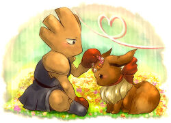  boxing_gloves eevee flower head_wreath heart hitmonchan kokh no_humans pokemon pokemon_(creature) profile sitting smile 