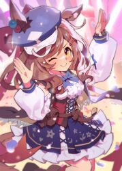  1girl animal_ears belt_bag blush bow breasts brown_hair ear_covers ear_ornament ears_through_headwear hair_ornament hairclip hat horse_ears horse_girl horse_tail looking_at_viewer matikanetannhauser_(panpaka_tiltott)_(umamusume) matikanetannhauser_(umamusume) medium_breasts medium_hair multicolored_hair newsboy_cap open_mouth solo streaked_hair tail tilted_headwear umamusume user_ugps3875 yellow_eyes 