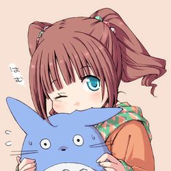  blue_eyes brown_hair chika_(orange_pop) crossover ghibli idolmaster long_hair studio_ghibli takatsuki_yayoi tonari_no_totoro totoro twintails wink 