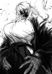 1girl aura breasts eyepatch eyes_in_shadow face_in_shadow from_below greyscale hakama highres huge_breasts japanese_clothes kimono lihayato long_hair monochrome open_clothes open_kimono original scar scar_on_face scar_on_hand sketch solo 