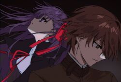  1boy 1girl bb_(fate) bb_(fate/extra) brown_eyes brown_hair brown_jacket fate/extra fate/extra_ccc fate_(series) gakuran hair_ribbon highres jacket kishinami_hakuno_(male) looking_up profile purple_hair red_ribbon ribbon school_uniform simple_background syst098 upper_body 
