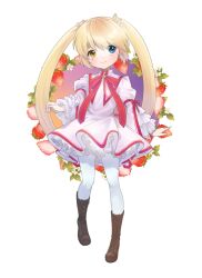  1girl a-pose blonde_hair blue_eyes blush boots brown_boots closed_mouth colored_eyelashes commentary crown dress flower food frilled_sleeves frills fruit full_body hair_between_eyes heterochromia highres juliet_sleeves kazamatsuri_institute_high_school_uniform lace-up_boots leaf long_hair long_sleeves looking_at_viewer may_salamanya mini_crown nakatsu_shizuru neck_ribbon no_eyepatch panties pantyhose petticoat puffy_sleeves red_ribbon rewrite ribbon school_uniform short_dress sidelocks simple_background smile solo standing straight_hair strawberry strawberry_slice tareme transparent_background twintails underwear very_long_hair white_dress white_flower white_panties white_pantyhose wide_sleeves yellow_eyes 