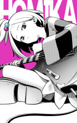  1girl absurdres aki_the_beast bass_guitar blue_eyes boots cable character_name closed_mouth commentary_request crossed_legs dress forehead greyscale_with_colored_background hair_bobbles hair_ornament highres holding instrument looking_at_viewer multicolored_hair_bobbles pink_background pokemon pokemon_bw2 roxie_(pokemon) short_hair simple_background solo spot_color striped_clothes striped_dress topknot white_hair 