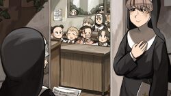  6+girls :&lt; bird black_hair blonde_hair blue_eyes bow brown_hair chicken closed_eyes desk diva_(hyxpk) double_bun duck english_commentary eyelashes eyelashes_nun_(diva) froggy_nun_(diva) gag grey_hair hair_bow hair_bun hanging_plant helmet highres improvised_gag little_nuns_(diva) multiple_girls nose_bubble note nun parted_bangs rectangular_eyewear red_bow school_desk short_hair shy_nun_(diva) sleeping square_nun_(diva) sunglasses survey_girl_(diva) tape tape_gag traditional_nun 