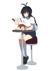  1other absurdres ahoge ahoge_wag black_hair black_shoes braid commentary_request curry eating expressive_hair fate/samurai_remnant fate_(series) food food_in_mouth full_body highres hungry ninjin_(ne_f_g_o) other_focus shoes short_hair shorts sitting socks solo stool table yamato_takeru_(fate) yellow_eyes 
