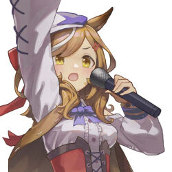  1girl animal_ears belt_bag blush bow breasts brown_hair ear_covers ear_ornament ears_through_headwear hair_ornament hairclip hat horse_ears horse_girl horse_tail ioza_3 looking_at_viewer matikanetannhauser_(panpaka_tiltott)_(umamusume) matikanetannhauser_(umamusume) medium_breasts medium_hair microphone multicolored_hair newsboy_cap open_mouth solo streaked_hair tail tilted_headwear umamusume yellow_eyes 