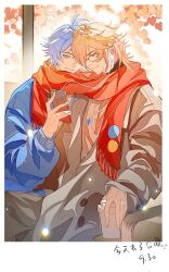  2boys antenna_hair blonde_hair blue_coat blue_eyes blue_gemstone braid brown_coat cellphone chinese_commentary coat commentary_request cup disposable_coffee_cup disposable_cup earphones earrings gem glasses gradient_hair highres holding holding_cup holding_phone honkai:_star_rail honkai_(series) jewelry male_focus medium_hair multicolored_hair multiple_boys mydei_(honkai:_star_rail) mzlnnng phainon_(honkai:_star_rail) phone red_hair red_scarf scarf shared_clothes shared_earphones shared_scarf short_hair side_braid smartphone twitter_username white_hair winter_clothes winter_coat yellow_eyes 