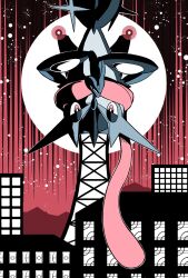  debudebumetabo frog full_moon greninja highres long_tongue lumiose_city mega_greninja mega_pokemon moon ninja outdoors pink_eyes pokemon pokemon_(creature) pokemon_focus pokemon_legends:_z-a prism_tower red_eyes scarf shuriken tongue tongue_scarf upside-down water weapon 