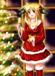  blonde_hair bow breasts christmas christmas_tree cleavage diesel-turbo fate_testarossa large_breasts long_hair lyrical_nanoha mahou_shoujo_lyrical_nanoha mahou_shoujo_lyrical_nanoha_strikers red_eyes santa_costume solo thigh-highs thighhighs twintails zettai_ryouiki 