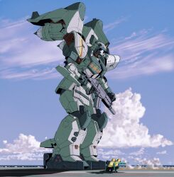  2others blue_sky clouds commentary cumulonimbus_cloud day english_commentary flight_deck from_side ginn gun gundam gundam_seed helmet high-visibility_clothing high-visibility_vest highres holding holding_gun holding_weapon jet_engine mecha mecha_focus mfi_foxglove mobile_suit multiple_others one-eyed outdoors redesign robot science_fiction signature sky star_(symbol) takeoff trigger_discipline weapon white_eyes yellow_helmet 