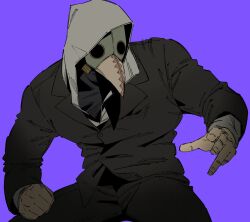  1boy black_suit business_suit chainsaw_man clenched_hand cowboy_shot highres hood hood_up hoodie jacket male_focus plague_doctor_mask purple_background shunsuke_(narunaru37101) simple_background solo suit suit_jacket violence_fiend_(chainsaw_man) white_hoodie 