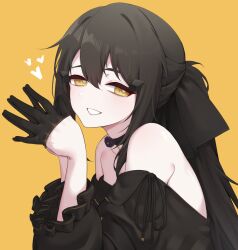  1girl act_(xadachit) bare_shoulders black_choker black_dress black_gloves black_hair choker commentary dandelion_(girls'_frontline) dated_commentary dress english_commentary girls'_frontline_2:_exilium girls_frontline gloves hair_ornament half_gloves heart highres long_hair looking_at_viewer off-shoulder_dress off_shoulder open_mouth own_hands_together simple_background smile solo white_mouth yellow_background yellow_eyes 