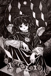  1girl black_background crossed_legs dress greyscale half-closed_eyes highres looking_at_viewer monochrome onbashira rope shimenawa sitting snake_print solo tanishi_(agaribito_snail) touhou yasaka_kanako 