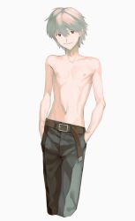  1boy belt black_pants brown_belt collarbone commentary_request cropped_legs grey_hair hands_in_pockets looking_at_viewer male_focus nagisa_kaworu navel neon_genesis_evangelion nipples pants red_eyes sekainovararisu short_hair simple_background skinny solo topless_male white_background 