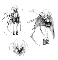  1girl absurdres antennae arthropod_girl arthropod_limbs bowing cape commentary_request empty_eyes full_body greyscale highres long_sleeves looking_at_viewer mandibles monochrome monster_girl muddy_mood multiple_views short_hair shorts simple_background touhou wriggle_nightbug 