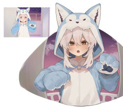  1girl animal_costume blush brown_eyes brown_hair embarrassed eyebrows_hidden_by_hair flat_chest hair_between_eyes highres kumsusukum looking_at_viewer onesie onii-chan_wa_oshimai! open_mouth oyama_mahiro paw_pose reference_inset screenshot_inset solo teeth upper_body upper_teeth_only wolf_costume zipper_pull_tab 