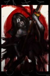 1girl 2015 artist_request black_hair black_sclera female female_focus female_only hisako_(killer_instinct) holding holding_weapon killer_instinct microsoft pixiv portrait rareware simple_background solo solo_focus undead weapon