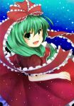  bow dress frills from_above green_eyes green_hair hair_bow hair_ribbon highres kagiyama_hina looking_back looking_up ribbon smile solo sugita touhou water 