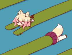  1girl =_= animal_ear_fluff animal_ears bell blonde_hair closed_eyes collar fox_ears fox_girl fox_tail green_shirt hair_bun hair_ornament hair_stick jingle_bell kemomimi-chan_(naga_u) long_sleeves long_torso lying miniskirt naga_u neck_bell no_mouth on_stomach original pleated_skirt purple_collar purple_shoes purple_skirt ribbon-trimmed_thighhighs ribbon_trim sailor_collar shirt shoes short_hair single_hair_bun skirt sleeves_past_fingers sleeves_past_wrists solo tail thigh-highs white_sailor_collar white_thighhighs 