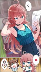  2girls ? absurdres ahoge arm_up bang_dream! black_camisole black_choker blue_shorts blue_tank_top brown_hair camisole choker commentary cone_hair_bun english_commentary hair_bun hair_ornament highres izami_md long_hair medium_hair multiple_girls open_mouth pink_hair shirt shorts star_(symbol) star_hair_ornament tamade_chiyu tank_top teeth toyama_kasumi upper_teeth_only white_shirt 