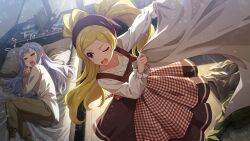  &gt;_&lt; 2girls bed blanket blonde_hair book checkered_clothes checkered_dress commentary_request dress emily_stewart game_cg green_pants holding holding_blanket idolmaster idolmaster_million_live! idolmaster_million_live!_theater_days indoors long_hair long_sleeves lying multiple_girls official_art on_bed on_side one_eye_closed open_mouth pants pinafore_dress shiraishi_tsumugi shirt sleeveless sleeveless_dress standing sunlight teeth third-party_source twintails upper_teeth_only white_shirt 