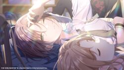  4girls absurdres asakura_toru black_hair black_shirt blue_eyes blue_nails bracelet breasts fukumaru_koito highres higuchi_madoka ichikawa_hinana idolmaster idolmaster_shiny_colors idolmaster_shiny_colors_song_for_prism jewelry lying multicolored_hair multiple_girls noctchill_(idolmaster) official_art one_eye_closed shirt 