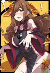  1girl absurdres ahoge bare_shoulders black_dress blush breasts brown_eyes china_dress chinese_clothes collarbone commentary_request detached_sleeves dress hair_over_one_eye highres jiangshi jiangshi_costume kono_subarashii_sekai_ni_shukufuku_wo! large_breasts long_hair long_sleeves looking_at_viewer no_panties off_shoulder ofuda ofuda_on_head open_mouth outstretched_arms pelvic_curtain revealing_clothes side_slit solo talisman thighs tokiani wiz_(konosuba) yellow_eyes yin_yang zombie_pose 