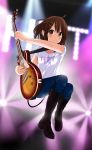  boots brown_eyes brown_hair clothes_writing clothing_writing earbuds earphones gibson guitar hair_ornament hairclip highres hirasawa_yui in-ear_earphones instrument jeans jumping k-on! kimatg knee_boots les_paul short_hair solo spotlight stage t-shirt ultimate_ears 