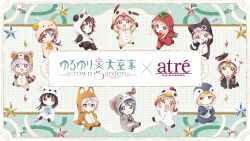  6+girls absurdres akaza_akari animal_costume animal_ears animal_hood aqua_eyes atre_akihabara bear_costume bear_ears black_hair blonde_hair blue_eyes blue_hair braid bridle brown_eyes brown_hair buttons cat_costume cat_ears cat_tail cellphone chibi chicken_costume closed_mouth commentary copyright_name cow_costume cow_ears cow_horns dog_costume dog_ears dog_tail fake_animal_ears fake_horns fake_tail fang fox_ears fox_tail funami_yui furutani_himawari glasses green_background green_eyes grey_hair grid_background hair_ornament hairclip hands_on_floor hands_on_own_hips highres hime_cut holding holding_phone hood hooded_pajamas horns ikeda_chitose ikeda_chizuru jumping kneeling leg_up long_sleeves matsumoto_rise multiple_girls namori official_art oomuro-ke oomuro_hanako oomuro_nadeshiko oomuro_sakurako open_hands open_mouth outstretched_arms own_hands_together pajamas parallel_hairclips paw_pose penguin_costume phone pink_hair puffy_long_sleeves puffy_sleeves purple_hair rabbit_costume rabbit_ears raccoon_costume raccoon_ears raccoon_tail red_eyes red_hair round_eyewear second-party_source sheep_costume sheep_horns sitting smartphone smile spread_arms star_(symbol) sugiura_ayano tail tomato_costume toshinou_kyouko twin_braids violet_eyes wavy_hair yoshikawa_chinatsu yuruyuri 