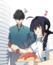 1boy 1other ahoge black_hair blue_kimono commentary_request curry eating fate/samurai_remnant fate_(series) food glutton highres japanese_clothes kimono long_hair miyamoto_iori_(fate) musical_note ninjin_(ne_f_g_o) open_mouth squiggle sword weapon white_background yamato_takeru_(fate) yamato_takeru_(fgo_fes._2024)_(fate) yellow_eyes 