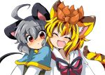  :&lt; :3 :d ^_^ ahoge animal_ears blonde_hair blush brown_hair bust capelet closed_eyes eromame eyes_closed fang grey_hair happy kemonomimi_mode mouse_ears mouse_tail multicolored_hair multiple_girls nazrin open_mouth red_eyes saya26 short_hair simple_background smile tail tiger_ears tiger_tail toramaru_shou touhou two-tone_hair 