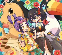  1boy 1girl alternate_costume bag bikini black_bikini black_hair brother_and_sister carmine_(pokemon) commentary_request crossed_bangs double_popsicle dragonite eyewear_on_head floral_print flower food hair_between_eyes hawaiian_shirt hibiscus highres holding holding_food holding_popsicle kieran_(pokemon) midriff mole mole_on_neck mole_under_eye open_mouth pink_flower pokemon pokemon_(creature) pokemon_sv popsicle purple_hair red_flower sarong shirt siblings side_ponytail swimsuit tacho_baby toucannon yellow_bag yellow_eyes yellow_flower 