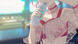  1girl asakura_toru bare_shoulders bracelet breasts curly_hair drinking idolmaster idolmaster_shiny_colors idolmaster_shiny_colors_song_for_prism jewelry multicolored_hair necklace official_art open_mouth red_nails solo sweat swimsuit 