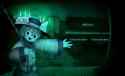  1girl black_eyes black_hat bow buttons candle candle_on_headwear city city_lights cityscape commentary dark dialogue_box dialogue_options diamond_button english_commentary english_text fishing_rod game_screenshot_background green_hair green_skirt green_theme hat hat_bow hat_ribbon highres holding holding_fishing_rod komeiji_koishi looking_at_viewer looking_to_the_side muddy_mood night no_i&#039;m_not_a_human open_mouth parody porch pov_peephole ribbon screenshot_background second-party_source shirt skirt smile solo standing touhou transmission_tower waving wide_sleeves wooden_porch yellow_bow yellow_ribbon yellow_shirt 