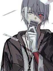  1boy allen_walker black_jacket card colored_extremities colored_skin covered_mouth d.gray-man facial_mark floating_card front_zipper gloves grey_eyes hair_between_eyes heterochromia highres holding holding_card hood hood_down hooded_jacket jacket jewelry looking_at_viewer male_focus necklace parted_bangs playing_card red_eyes red_skin scar scar_on_face shachi_ark short_hair sidelocks simple_background solo striped_clothes striped_jacket vertical-striped_clothes vertical-striped_jacket white_background white_gloves white_hair wide_sleeves zipper 