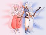  1girl 90s arche_klein arrow belt blue_background blue_eyes blue_hair bow_(weapon) broom chester_barklight elbow_gloves fingerless_gloves fujishima_kousuke gloves long_hair official_art pink_background pink_eyes pink_hair ponytail scarf tales_of_(series) tales_of_phantasia weapon zoom_layer 