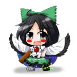  ahoge arm_cannon asymmetrical_clothes asymmetrical_clothing black_hair blush blush_stickers bow cape concrete grey_eyes hair_bow hand_on_hip hips hiro_(pqtks113) long_hair mismatched_footwear open_mouth reiuji_utsuho solo touhou weapon wings 