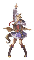  1girl absurdres animal_ears belt_bag blush bow breasts brown_hair ear_covers ear_ornament ears_through_headwear hair_ornament hairclip hat highres horse_ears horse_girl horse_tail ioza_3 looking_at_viewer matikanetannhauser_(panpaka_tiltott)_(umamusume) matikanetannhauser_(umamusume) medium_breasts medium_hair microphone multicolored_hair newsboy_cap open_mouth solo streaked_hair tail tilted_headwear umamusume yellow_eyes 