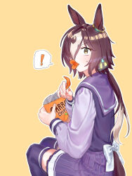  ! 1girl absurdres animal_ears baejimile bag bag_of_chips blush bow brown_background brown_eyes brown_hair chips_(food) commentary_request english_commentary feet_out_of_frame food hair_over_one_eye highres holding holding_bag holding_food horse_ears horse_girl horse_tail long_hair long_sleeves looking_at_viewer looking_to_the_side low_ponytail multicolored_hair pleated_skirt ponytail pringle_duck puffy_long_sleeves puffy_sleeves purple_shirt purple_skirt purple_thighhighs shirt simple_background sitting skirt small_sweatdrop solo spoken_exclamation_mark sweat tail thigh-highs two-tone_hair umamusume v-shaped_eyebrows very_long_hair vodka_(umamusume) white_bow white_hair 