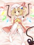  aiba_kou ascot blonde_hair blush flandre_scarlet hat hat_ribbon kneehighs laevatein lying on_back pillow red_eyes ribbon side_ponytail solo the_embodiment_of_scarlet_devil touhou weapon white_kneehighs white_legwear wings 