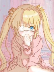  1girl alternate_costume between_legs blonde_hair blue_eyes blush chinese_commentary clenched_hand commentary_request covering_own_mouth eyepatch eyes_visible_through_hair feet_out_of_frame fidgeting hair_between_eyes hand_between_legs hand_up highres indoors long_hair long_sleeves looking_at_viewer medical_eyepatch nakatsu_shizuru one_eye_covered pajamas pink_pajamas rewrite shy sidelocks sitting solo tareme twintails user_edyd3354 very_long_hair wariza 