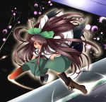  arm_cannon asymmetrical_clothes asymmetrical_clothing bow brown_hair cape hair_bow highres long_hair mismatched_footwear red_eyes reiuji_utsuho solo thighhighs torichiyo touhou weapon wings 
