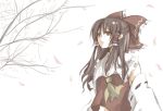  ascot bow brown_eyes brown_hair detached_sleeves hair_bow hair_ornament hakurei_reimu long_hair miko petals solo toudou_(dolce) touhou 